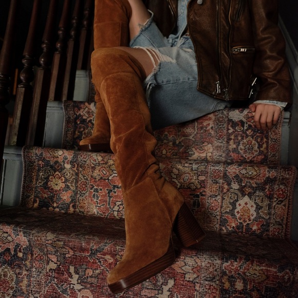 Free People Cognac Brown Echo Platform Over the Knee Boots 9 - Picture 3 of 11